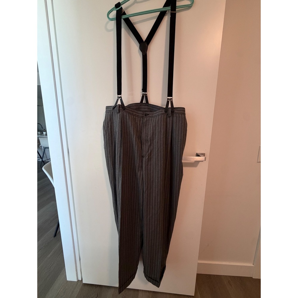Vtg 90s Encore Grey Pinstripe Suspenders Trousers High Rise Pleated Pants 20X